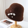Cute dark brown plush bucket hat with bear patches and heart button decoration - One Size / Brown