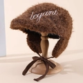 Vintage brown plush ivy cap with ear flaps and elegant embroidery for women - Coffee