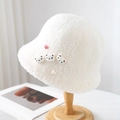 White teddy fleece bucket hat with cute bear patches for women in autumn winter style - One Size / White
