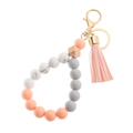 Detailed view of silicone beaded wristlet keychain with leather tassel and gold lobster clasp - Leather Pink (43769-BC1305)
