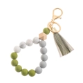 Detail of silicone beaded wristlet keychain with wooden bead and leather tassel charm - Matte Green (43769-BC1405)