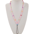 Detail of pink beaded phone lanyard with colorful acrylic heart charms and black loop connector - Pink