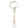 Detail of beaded keychain wristlet with white silicone beads, wood bead, and leather tassel - White Terrazzo
