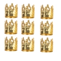 Set of nine golden crown hair beads for braids showing intricate hollow metal patterns - Gold