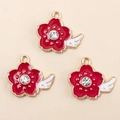 Three red floral heart pendants with white wings and crystals for DIY jewelry making - Sakura Wings