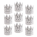Nine silver crown-shaped dreadlock beads with textured patterns on a white background - Silver