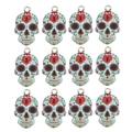 Detailed close-up of colorful skull alloy pendants with red heart design and metal hanging rings - Skull Pattern (17) / 10 Pieces Pack / Colorful
