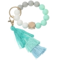Detail of beaded keychain featuring mint gradient tassel and hexagon wood bead - Green