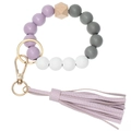 Détail de perles rondes en silicone et bois hexagonal avec pompon en cuir lilas - Violet