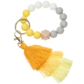 Detail of beaded keychain with matte silicone beads, wooden bead, and gradient tassel - Yellow