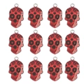 Detailed macro view of 12 red skull pendants with black graffiti and silver metal loops - Skull Pattern (12) / 10 Pieces Pack / Colorful