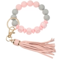Close-up of pink and grey silicone beaded keychain with LOVE letters and leather tassel - Pink