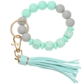 Detail view of silicone beads bracelet with LOVE letter charms and mint leather tassel - Green