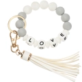 Detail of silicone beaded wristlet with LOVE letters and white leather tassel charm - White