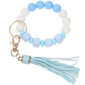 Detail of blue silicone bead bracelet with LOVE letter beads and leather tassel keychain - Blue