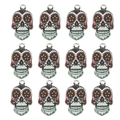 Detail von 12 Zucker-Totenkopf-Anhängern mit bunten Blumenmustern und Silberlegierung - Totenkopf-Muster (4) / 10er Pack / bunt