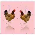 Détail des boucles d'oreilles pendantes poule réaliste avec crochets argentés en acrylique - Poule