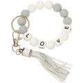 Detail of silicone bead keychain bracelet with LOVE letter cubes and white leather tassel - White Leopard Tassel