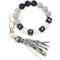 Detail of LOVE letter silicone beads on keychain with grey leather tassel and gold clasp - Black Leopard Tassel