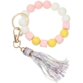 Detail of LOVE silicone bead keychain bracelet with pink tassel and gold lobster clasp - Pink Yellow Leopard Tassel
