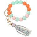 Detail of colorful silicone beads keychain with LOVE letters and holographic tassel - Green Orange Leopard Tassel
