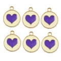 Set of 6 round alloy heart charms with purple enamel and gold beaded edges for DIY jewelry - 10 Pieces Pack / Yellow Base Purple Heart