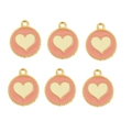 Pink heart enamel round pendants with gold alloy beaded edges for DIY jewelry making - 10 Pieces Pack / Pink Base Yellow Heart