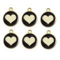 Golden round heart charms set in black and off-white enamel finish for DIY jewelry - 10 Pieces Pack / Black Base Yellow Heart