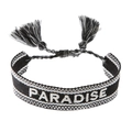 Dettaglio del bracciale intrecciato paradise con nappe bianche e nere e trama fitta - Nero (Paradise)