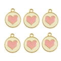 Set of six gold wave-edged circle pendants with cream enamel and pink heart center - 10 Pieces Pack / Yellow Base Pink Heart