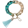 Detail of green marble acrylic chain keychain with light blue leather tassel and gold ring - Green And Cream