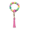 Luminous silicone bead keychain bracelet with XOXO charms and pink leather tassel - OXOX Colorful Beaded Tassel Keychain