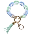 Pulsera de cadena acrílica verde menta y azul con borla de PU y llavero de metal dorado - Patchwork Azul Verde Blanco