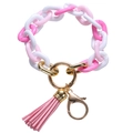 Llavero de cadena acrílica rosa y blanca con aro dorado y borla de flecos de ante - Rosa y Blanco