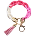 Llavero de cadena acrílica rosa y blanca con aro dorado y colgante de borla rosa - Rosa Rojo e Blanco