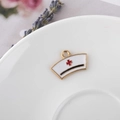 Nurse hat pendant in white enamel with a red cross and gold trim for DIY jewelry - White Nurse Hat Style