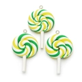 Close-up of colorful green and yellow spiral lollipop pendants with silver metal rings - White Green Spiral (B33-0402)