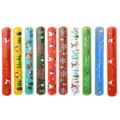 Vertical display of ten festive Christmas slap bracelets with Santa and reindeer prints - Christmas Slap Bracelets Random Styles / 30Pcs Pack