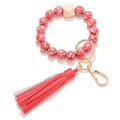 Llavero pulsera de cuentas con motivos florales rojos y borla de cuero sintético - Rojo
