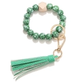 Llavero pulsera de cuentas florales verdes con cuenta de madera y borla de cuero - Verde