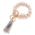 Detail of pink floral wooden bead bracelet keychain with snakeskin pattern fringe tassel - Light Pink Silver Pattern