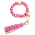Pink floral wooden bead keychain bracelet with leather tassel and golden lobster clasp - Rose Red