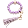 Purple floral wood bead keychain bracelet with golden clasp and leather tassel - Light Purple