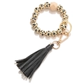 Beaded wristlet keychain with leopard print beads, wood hexagon, and black tassel - Yellow Leopard