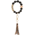 Silicone bead keychain bracelet with black and leopard print beads and leather tassel - Black Leopard