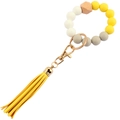 Pulsera llavero de cuentas de silicona con borla de cuero amarillo y cuenta de madera - Amarillo