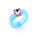 Detail of candy-colored resin ring with purple square crystal in silver four-prong setting - Purple Stone Blue Resin Ring