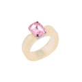 Close-up of cream resin ring featuring a pink rectangular crystal in a silver claw setting - Pink Stone Beige Resin Ring