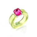 Close-up of green resin ring featuring a pink rectangular crystal in a silver claw setting - Pink Stone Green Resin Ring