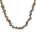 Close-up of Hawaiian style natural irregular green and reddish gravel stone necklace - Unakite Style (Color 7)